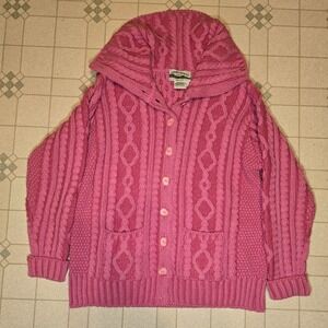 Aran Crafts Sweater Pink 100% Wool Chunky Cable Knit Fisherman Cardigan SZ L